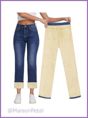 Women's Fleece Lined Jeans High Waisted Straight Leg Winter Denim Pants